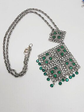 Boho Statement Necklace Green Rhinestone Silver Tone Bib Fringe